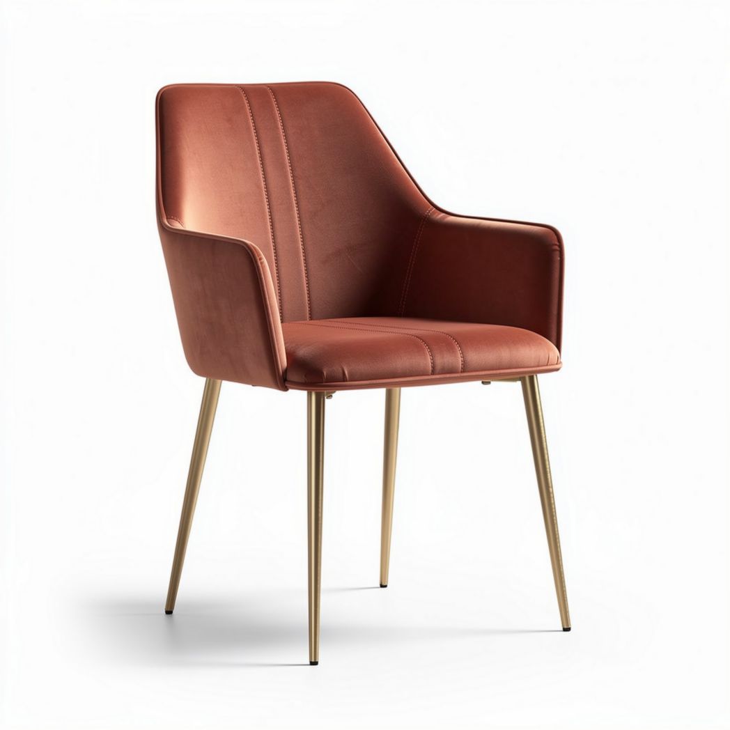 Velvet armchair with metal legs in rust color suitable for dining use