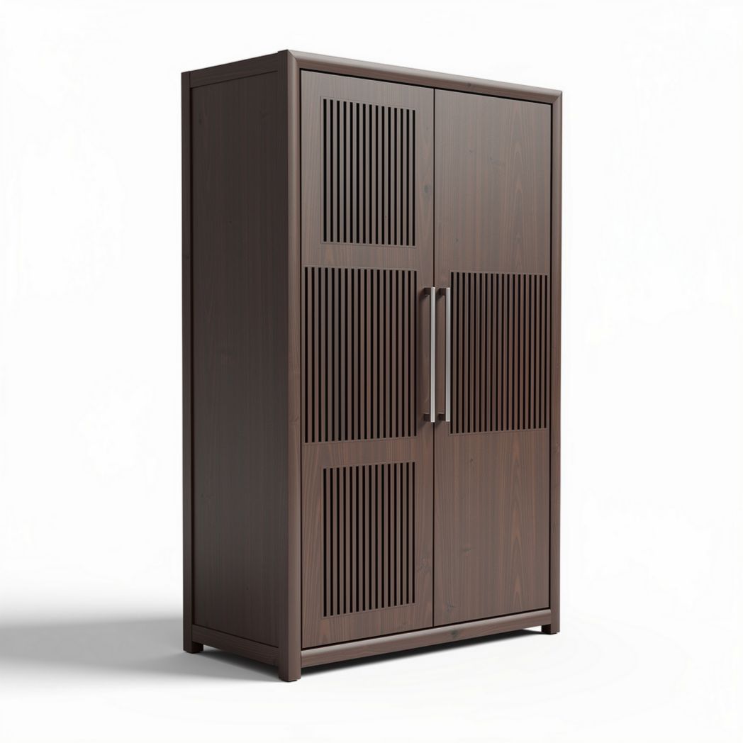 Wooden storage cabinet with slatted doors in walnut finish 80 x 40 x 160cm