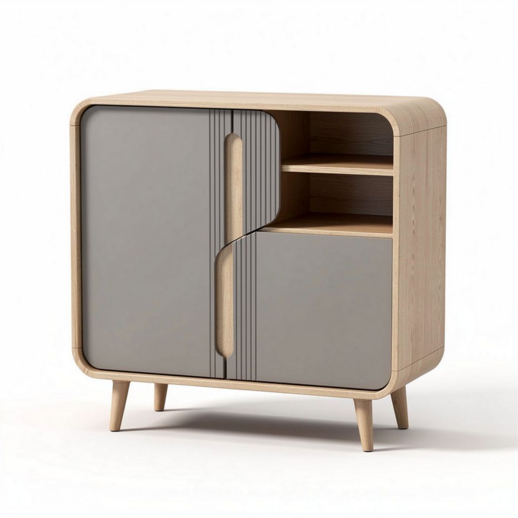 Wooden sideboard with grey doors and open shelves dimensions 80 x 40 x 90cm