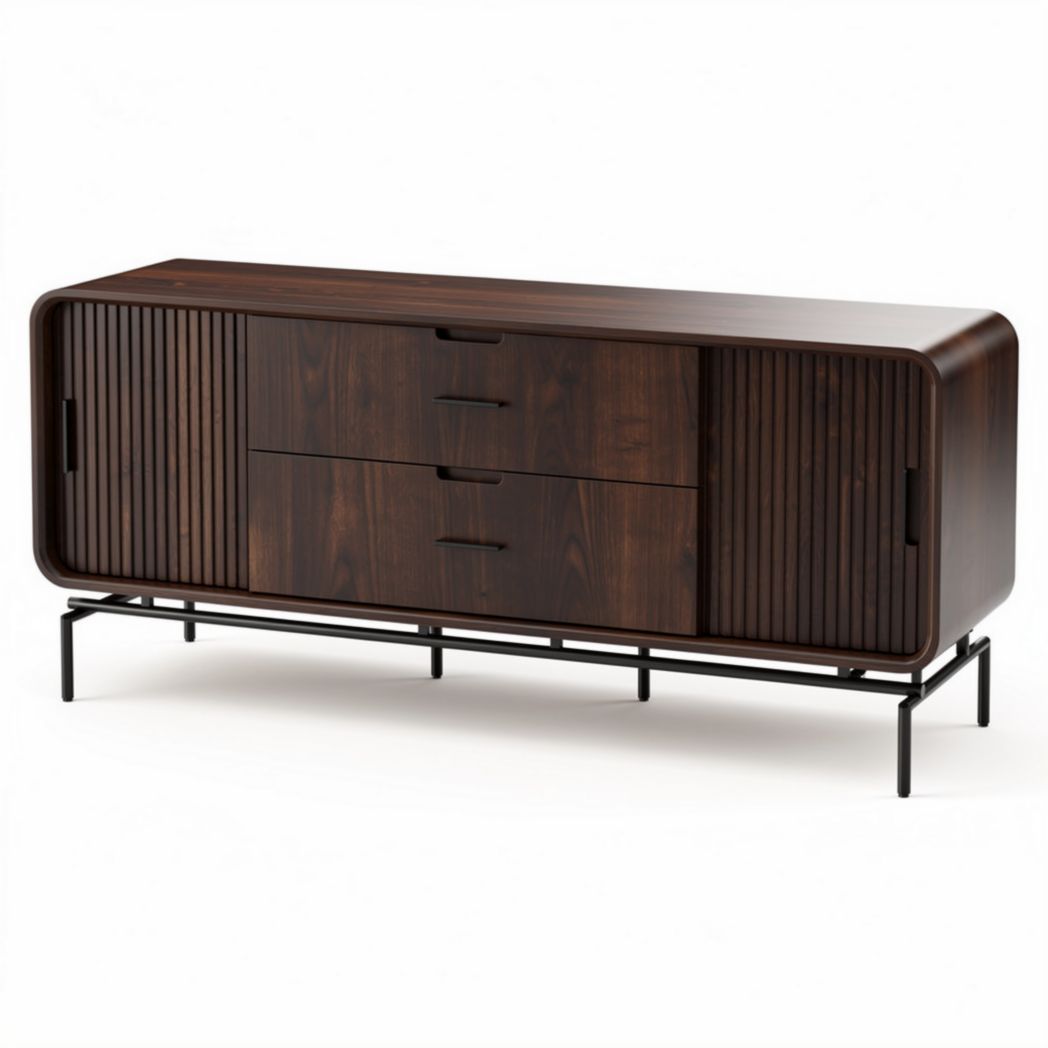 Wooden sideboard with ribbed design and metal legs 150 x 40 x 70cm