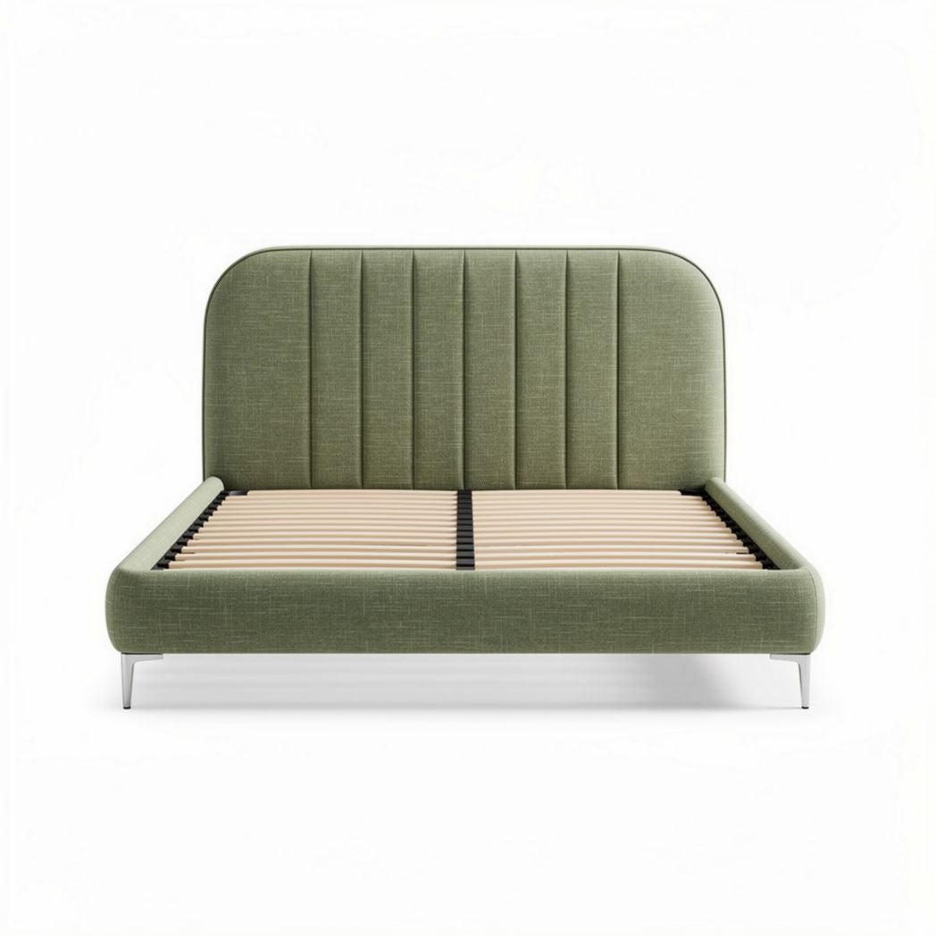 Green upholstered bed frame with wooden slats and modern design 200 x 160 x 100cm