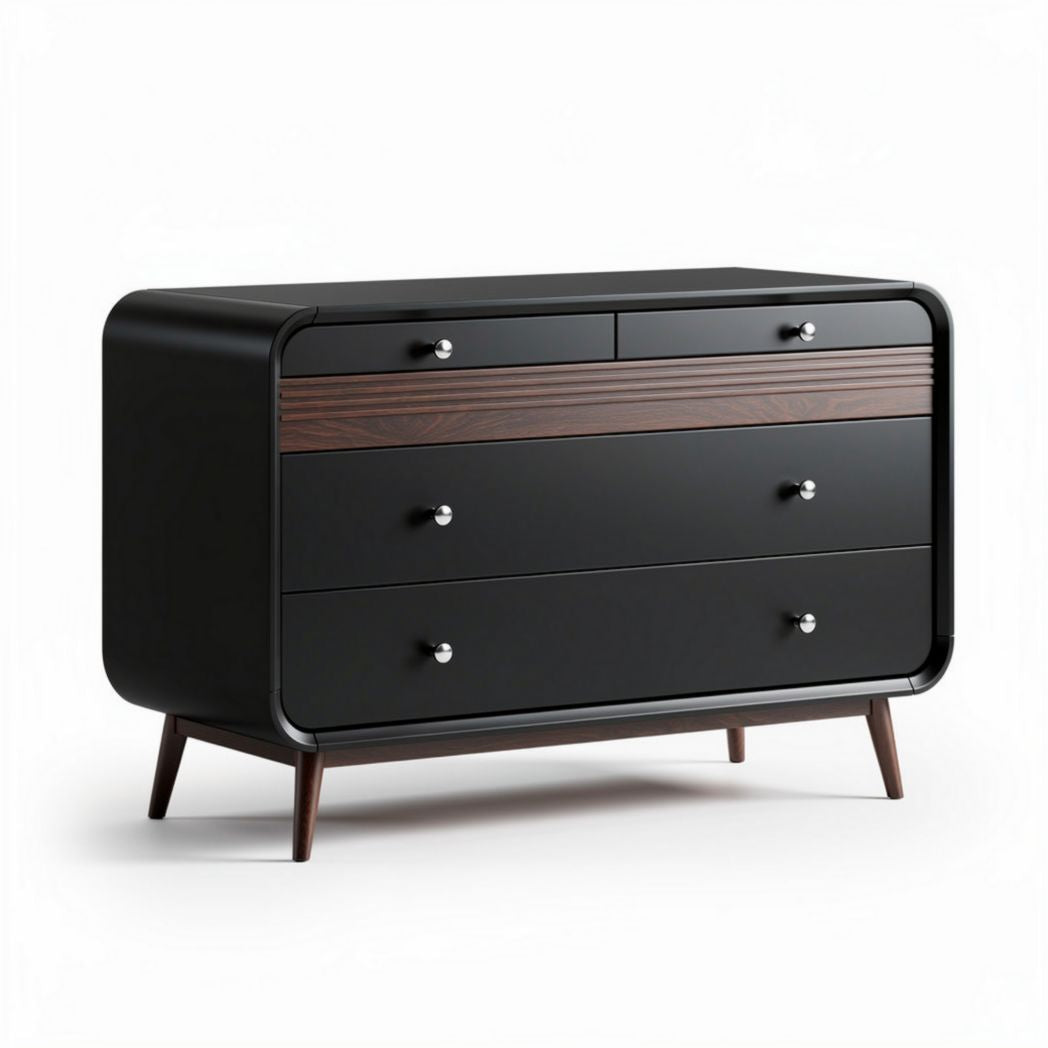 Modern black dresser with wood accents and four spacious drawers 150 x 40 x 80cm