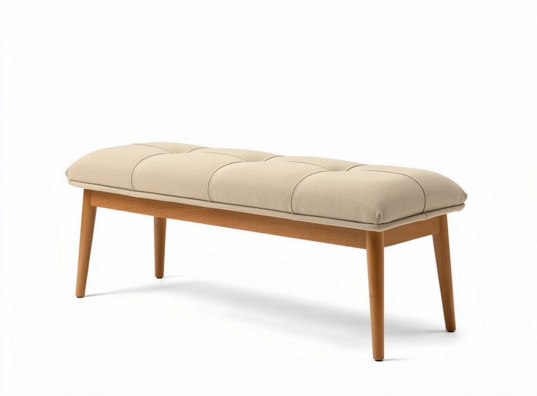 Upholstered bench in beige fabric with wooden legs 120 x 40 x 45cm