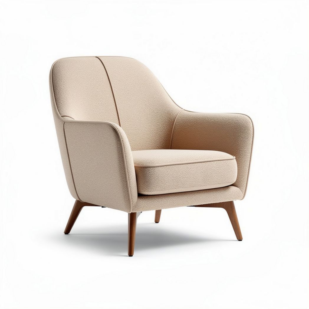 Beige fabric accent chair with wooden legs for living room or office use