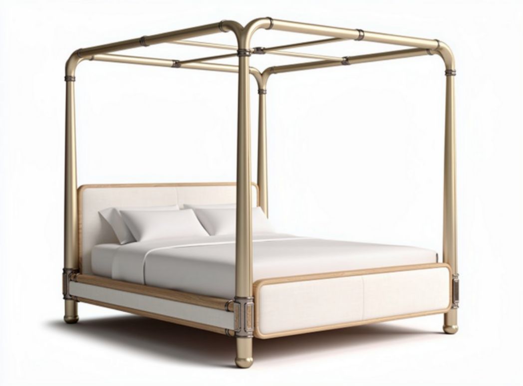 Metal frame canopy bed with upholstered headboard and neutral color 200 x 160 x 150cm