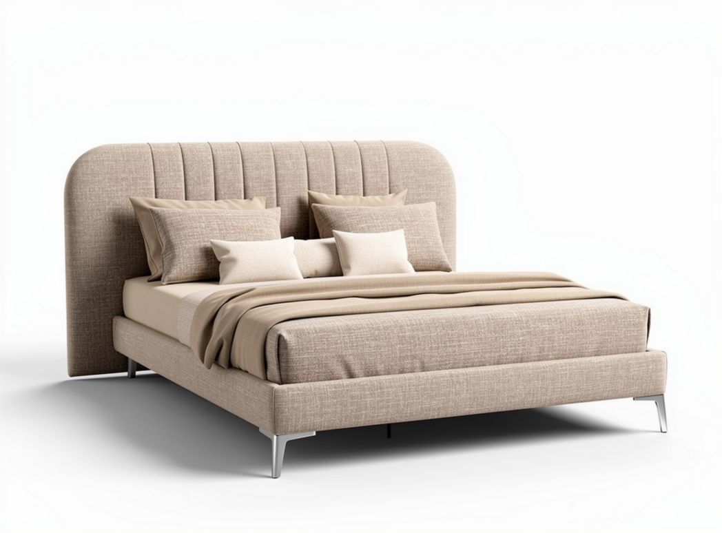 Upholstered bed frame with curved headboard in beige fabric 210 x 180 x 100cm